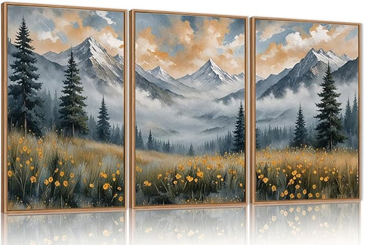 FWIEXA Misty Mountain Framed Canvas Wall Art Set, Foggy Forest Modern Wall Decor, Nature Wildflower Grassland Artwork, Woodland Landscape Scenery Prints for Living Room, Office - Size 16"x24"x3