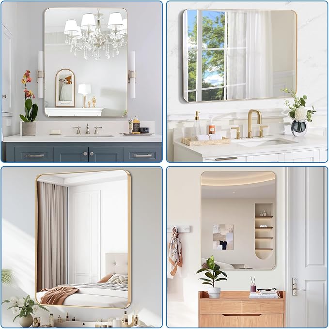 Brushed Gold Bathroom Mirror for Over Sink, 30" x 40" Framed Rectargular Wall-Mounted Bathroom Mirrors for Vanity, Decorative, Farmhouse, Restroom, Horizontally or Vertically Hanging