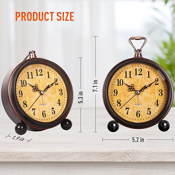 RODH Battery Alarm Clock,Night Light,Vintage Hangable Super Silent Non Ticking Analog Table Clock for Bedroom Bedside, Desk,Shelf