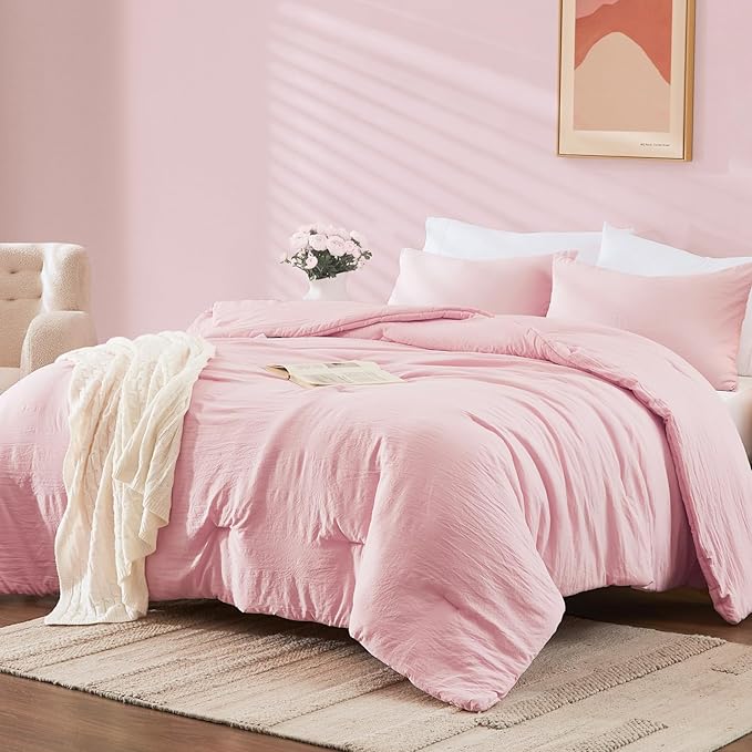 WRENSONGE Queen Comforter Set - 3 Pieces Prewashed Soft Pink Comforter Soft Lightweight for All Seasons,Down Alternative Comforters Queen Size with 2 Pillow Shams