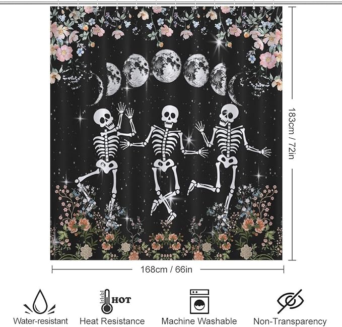 Skull Skeleton Flower Moon Shower Curtain Gothic Moon Phase Scary Horror Black Spooky Flower Holiday Waterproof Shower Curtains for Bathroom Decor 12 Pack Hooks 66x72in（168x183cm）