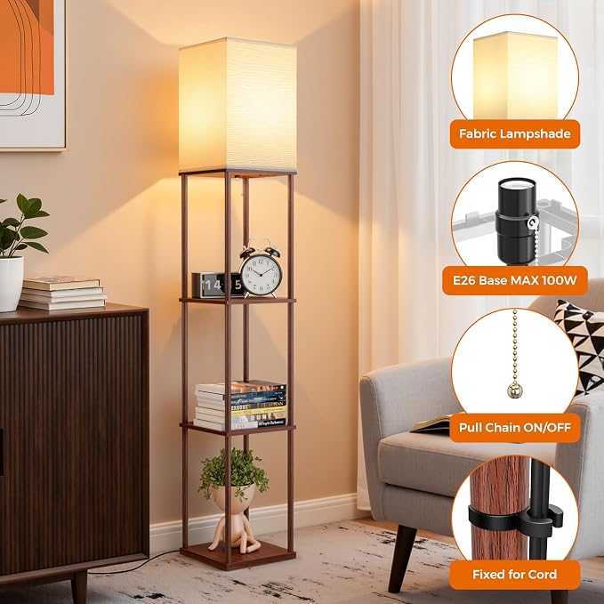 FOLKSMATE Floor Lamp with Shelves, 3-Tier Modern Square Bookshelf Floor Lamp, 3 Color Temperature Bulb Included, Floor Lamps for Living Room Bedroom Corner - Brown