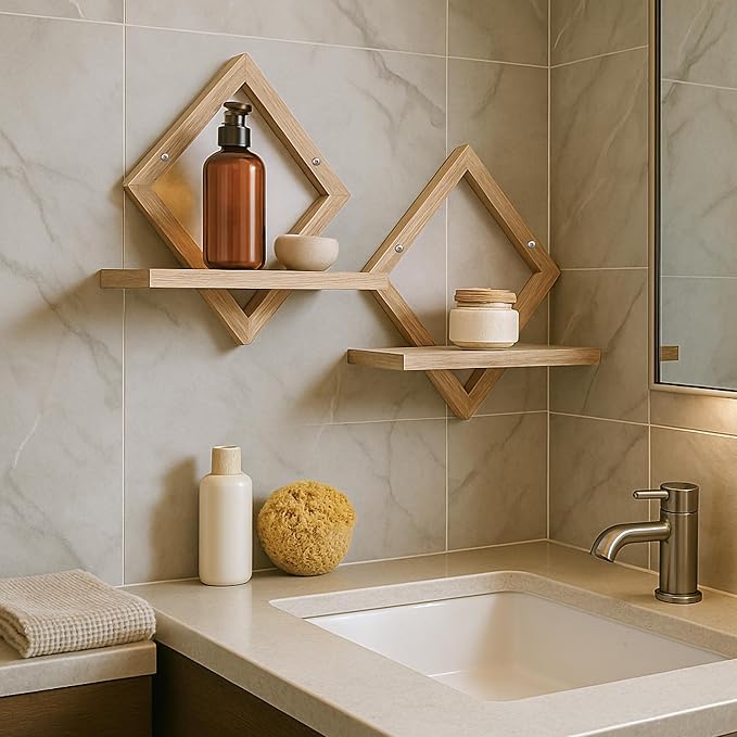 Floating Shelves for Wall,Decorative Wall Shelf,Hanging Shelf for Plants Storage Display Holder,Indoor Decor for Living Room Home Office Bathroom Bedroom,Solid Wood,Diamond Shaped,2 Pack(Wooden Brown)