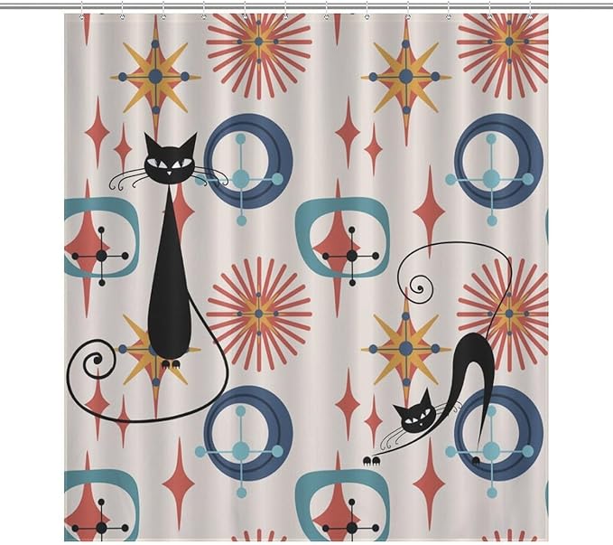 Mid Century Black Cat Shower Curtain,Modern Atomic Retro Abstract Geometric 60s 70s Iconic Decor Fabric Bathroom Curtain with Hook 66x72in（168x183cm）