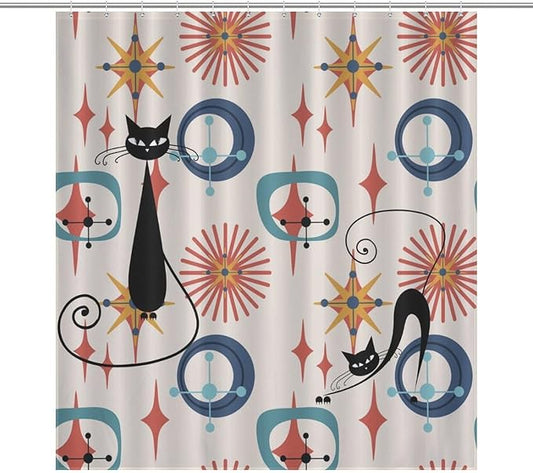 Mid Century Black Cat Shower Curtain,Modern Atomic Retro Abstract Geometric 60s 70s Iconic Decor Fabric Bathroom Curtain with Hook 66x72in（168x183cm）
