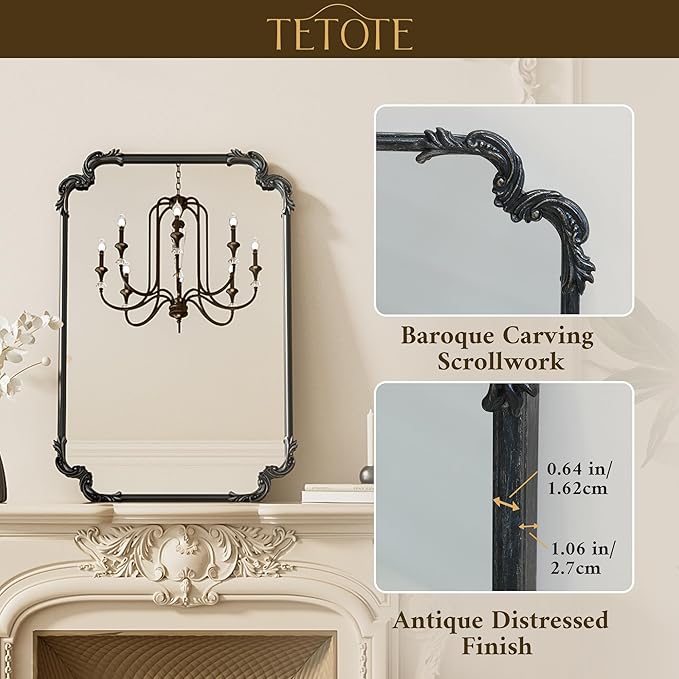 TETOTE Antique Black Rectangle Mirror for Mantle Fireplace 24 x 36 Baroque Vintage Ornate Scroll Wall Mirror with Metal Frame for Traditional Victorian French Decor, Horizontal/Vertical