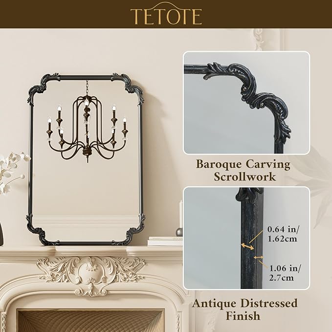 TETOTE Baroque Antique Black Scroll Wall Mirror 48 x 30 Vintage Rectangle Framed Baroque French Rectangular Mirror for Mantle Fireplace Bathroom Living Room, Horizontal/Vertical