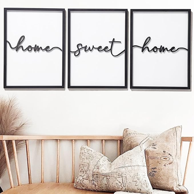 3D Wood Home Sweet Home Wall Art, Modern Home Sweet Home Sign for Large Living Room Wall Decor(Ready to Hang, Set of 3, 12x16 Inch, Framed)