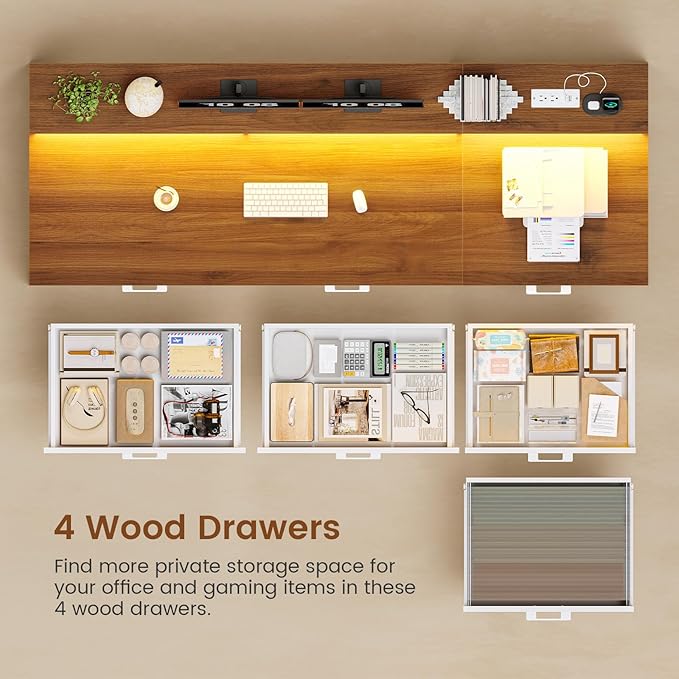 SEDETA Farmhouse Home Office Desk with File Drawer & Power Outlet, Computer Desk with 4 Drawer, Storage Shelves, Printer Cabinet and Monitor Shelf, Gaming Desk with Led Lights, White Brown