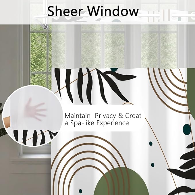 No Hook Boho Shower Curtain with Snap-in Liner, Mid Century Modern Abstract Botanical Design, Sage Green Geometric Leaves, Waterproof Double Layer Fabric with Mesh Window, 71 x 74 Inch