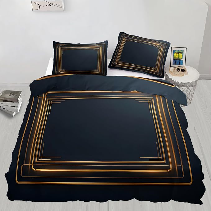 Gold Geometric Duvet Cover Full Size, Stripes Bedding Set 3 Piece, Minimalist Dark Blue Patterned Comforter Cover with Zipper Soft Microfiber, 2 Pillowcases