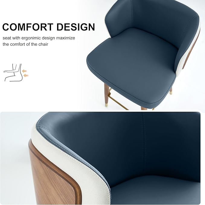 ARTPLAN Mid Century Modern Bar Stools Set of 2 for Counter Height - Leather Upholstered Seat with Walnut Wood Frame, Retro 34 Inch Bar Chairs for Home Kitchen Island, Bar, Breakfast Nook,Navy Blue