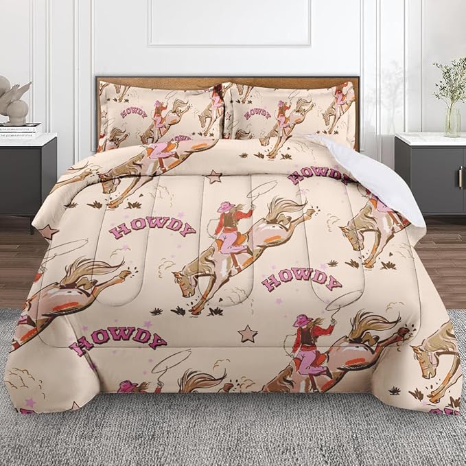 Cowgirl Cowboy Queen Comforter Set, Desert Western Cactus Bedding Set 3 Piece, All Season Soft Toddlers Children Adults Bedroom Bed Decoration Comforter and 2 Pillow Shams