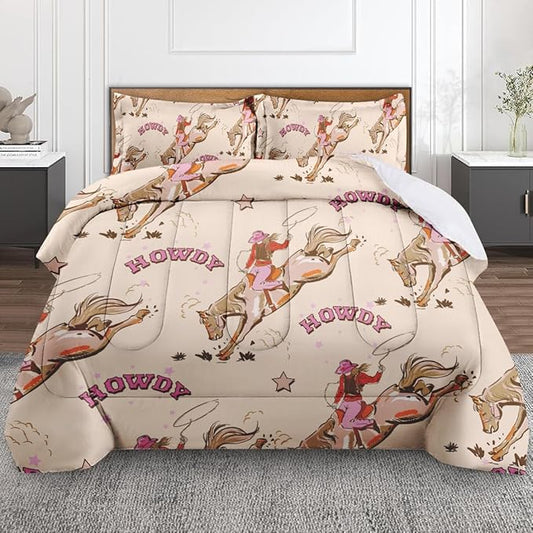 Cowgirl Cowboy Queen Comforter Set, Desert Western Cactus Bedding Set 3 Piece, All Season Soft Toddlers Children Adults Bedroom Bed Decoration Comforter and 2 Pillow Shams