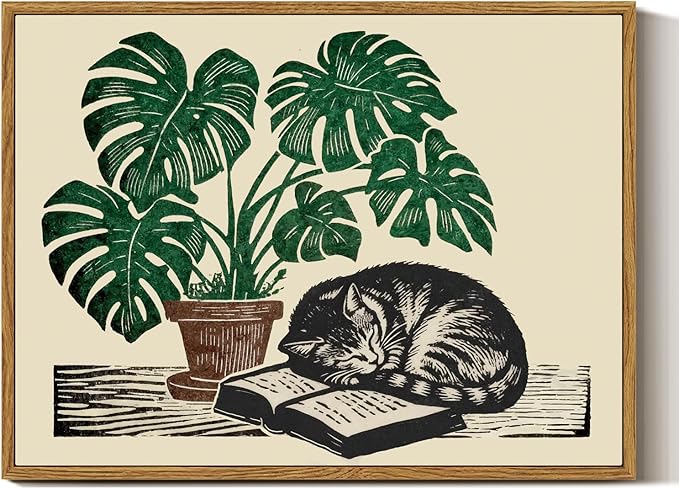 InSimSea Sleeping Cat and Monstera Plant Framed Wall Art, Waterproof Canvas Print Linocut Style, Botanical Decor for Living Room Office and Bedroom 12x16 Inch