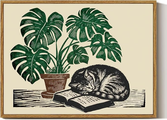 InSimSea Sleeping Cat and Monstera Plant Framed Wall Art, Waterproof Canvas Print Linocut Style, Botanical Decor for Living Room Office and Bedroom 12x16 Inch