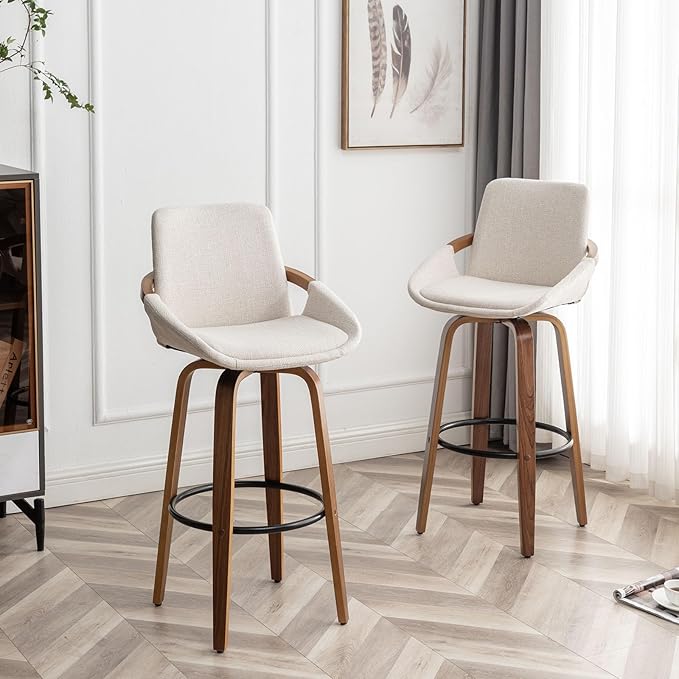 LUNLING 29.5" Bar Height Barstools Set of 2,Mid Century Modern Retro Bar Chairs Charcoal Beige Linen Look Fabric Upholstered and Walnut Wood Frame for Home Bar Furniture(Beige)