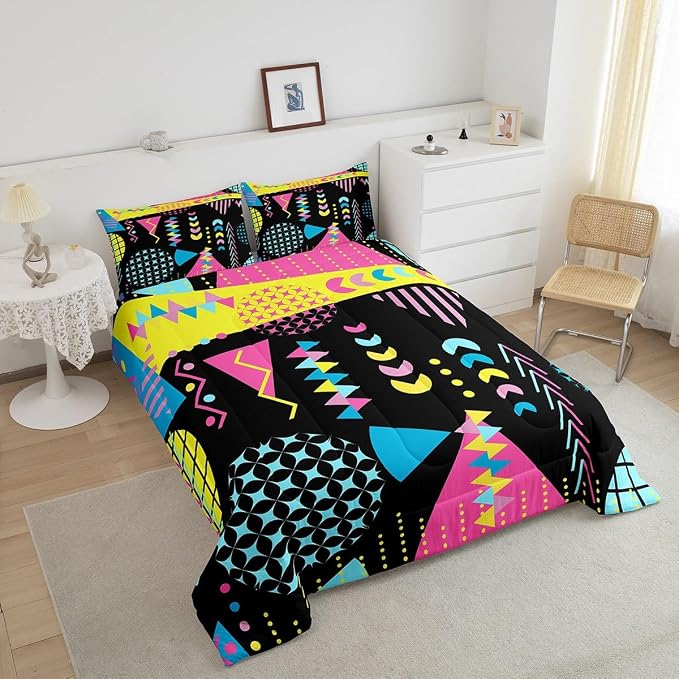 Manfei Memphis Comforter Set Full Size, Retro 80s 90s Fashion Style Bedding Set 3pcs for Kids Boys Girls, Colorful Geometric Abstract Quilt Set Soft Polyester Duvet Set with 2 Pillowcases