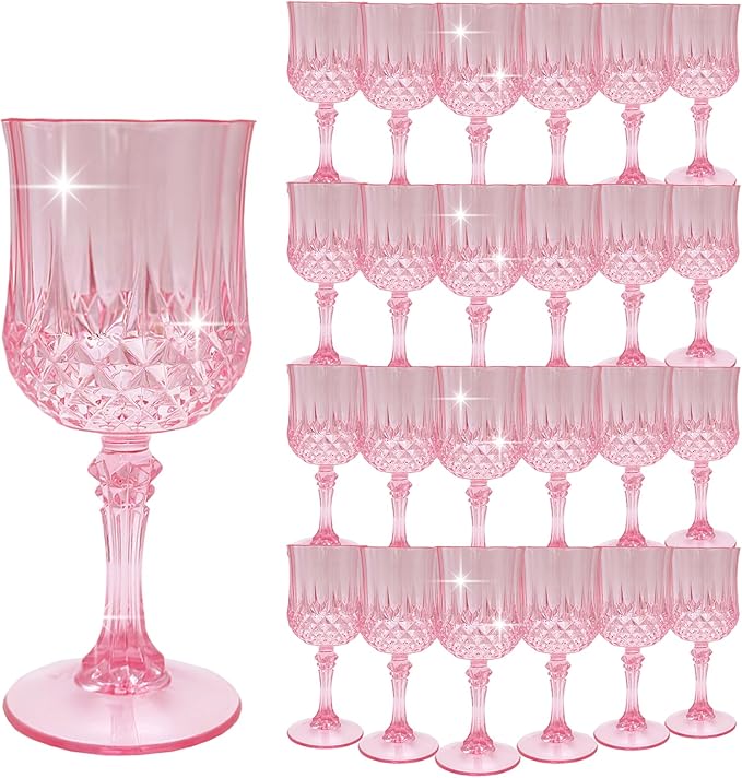 Plastic Wine Glasses, Plastic Goblets Vintage Style Cordial Drinking Glasses for Valentine’s Day, Wedding Reception, Grand Event Party Supplies (24, Pink)