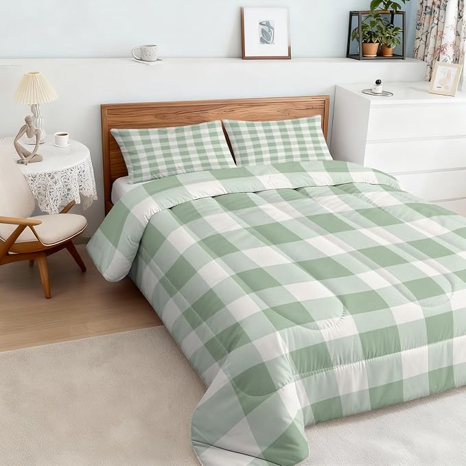 Farmhouse Plaid Twin Size Comforter Sets 2 Piece, Green Buffalo Check Printed Pattern, Soft All Season Bed Comforter & 1 Pillow Sham, Checkered Bedroom Decor Reversible Bedding D-GM17