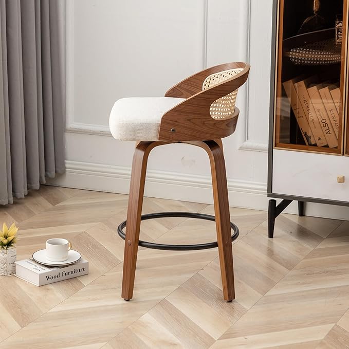 26" Swivel Rattan Bar Stools Set of 2,Mid-Century Modern Beige Linen Fabric Upholstered Counter Height Stools,Kitchen Island Barstools with Rattan Low Backrest,Walnut Wood Finish Bar Chair
