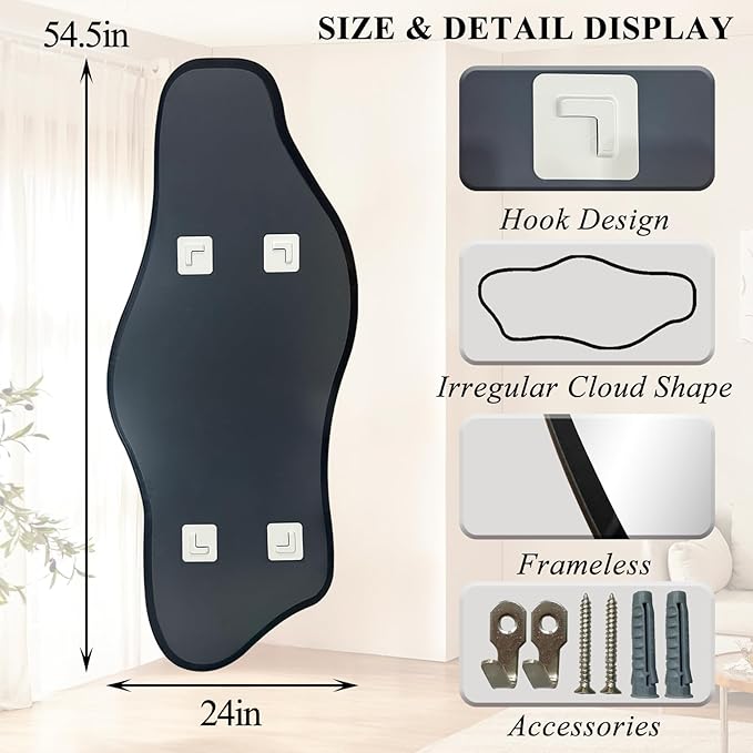 Large Irregular Mirror, 60"x24" Asymmetrical Tempered Glass Mirror, Modern Abstract Frameless Mirrors for Living Room Bathroom Bedroom Hallway Entryway Dressing, Horizontal Or Vertical