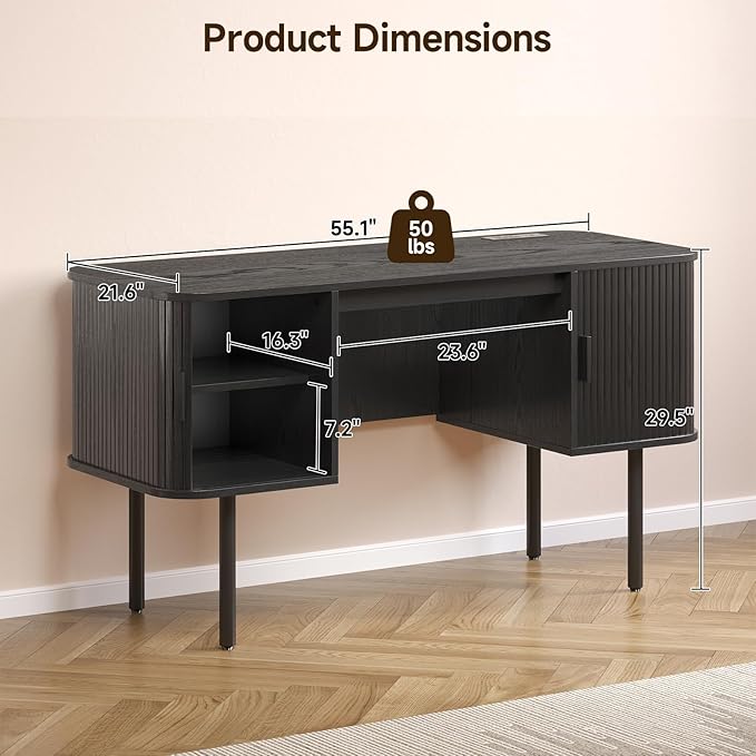 ONBRILL 55 Inch Fluted Computer Desk with Charging Station, Mid Century Executive Desk with 2 Storage Cabinets, Modern Home Office Large Desk with Metal Legs for Working, Studying, Writing, Black