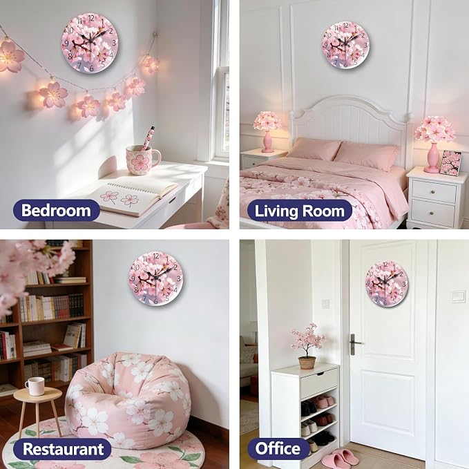 peacoblue Wall Clocks Battery Operated 12 Inch Cherry Blossom Glass Round Wall Clock Non Ticking for Kitchen Living Room Dining Room Bedroom and Bathroom Decor Accessories (Battery not Included)
