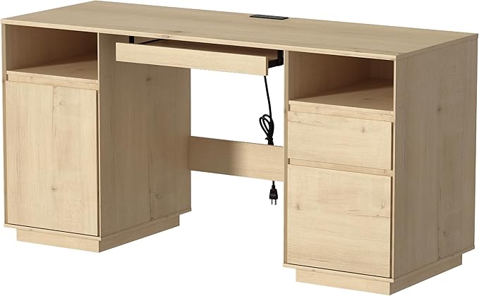 EYYTHUNG 59" Farmhouse Office Desk, Wide Home Executive Desk with File Drawer & Open Storage & Power Outlet, Wooden Computer Desk for Study Writing, Light Oak