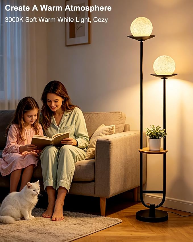 Lightdot 63IN Black Floor Lamp with U Pole, 2 Globe Mid Century Standing Lamps Dimmable with 3000K Warm White LED Bulbs& Grey Shade, Unique Vintage Tall Floor Lamp for Living Room/Wedding/Party