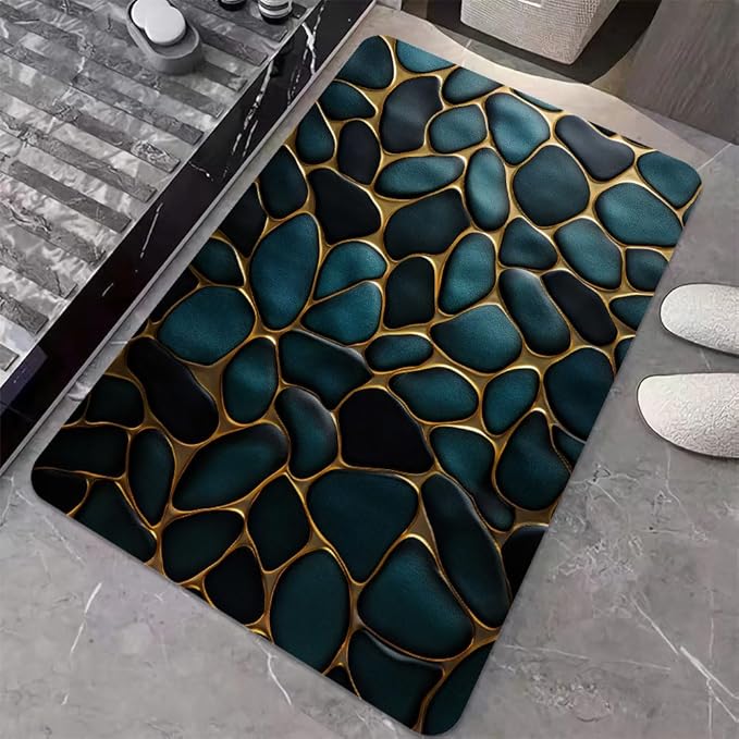 Diatomaceous Earth Bath Mat,Blue and Gold Stones Non-Slip Volume Super Absorbent Fast Drying for Bathroom Kitchen mat,Eco-Friendly Easy to Clean 20×31Inch (50 * 80cm)