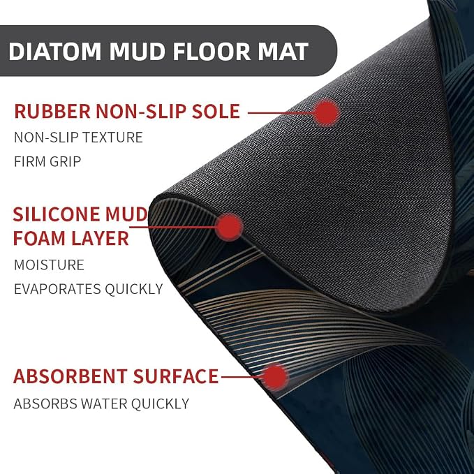 Diatomaceous Earth Bath Mat,Abstract Dark Flowers in Golden line Non-Slip Volume Super Absorbent Fast Drying for Bathroom Kitchen mat,Eco-Friendly Easy to Clean 20×31Inch (50 * 80cm)