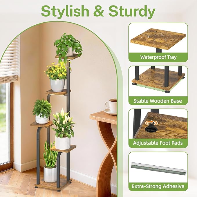 iDavosic.ly Tall Plant Stand Indoor with Grow Light, 4 Tier Corner Multiple Flower Holder Shelf with Wooden Trays, Space Saving Display Rack for Living Room Balcony Patio Porch | Black & Brown