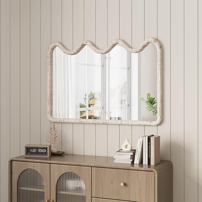 ULIKE Wavy Mirror for Wall, Rustic Wood Mirror for Bathroom Vanity, 24x36 Wooden Wall Mirrors Decorative for Bedroom, Living Room, Entryway, White