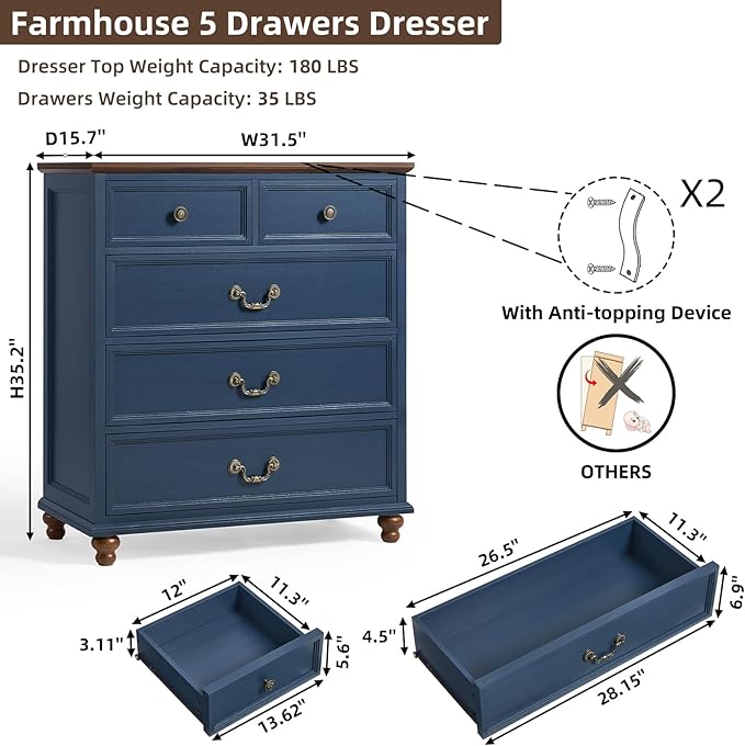 Farmhouse 5 Drawer Dresser for Bedroom, 35" Tall Rustic Chests of Drawers w/ 4 Solid Wood Feet, Mid Century Modern Wooden Closet Storage Dressers Organizer for Living Room, Hallway,Blue