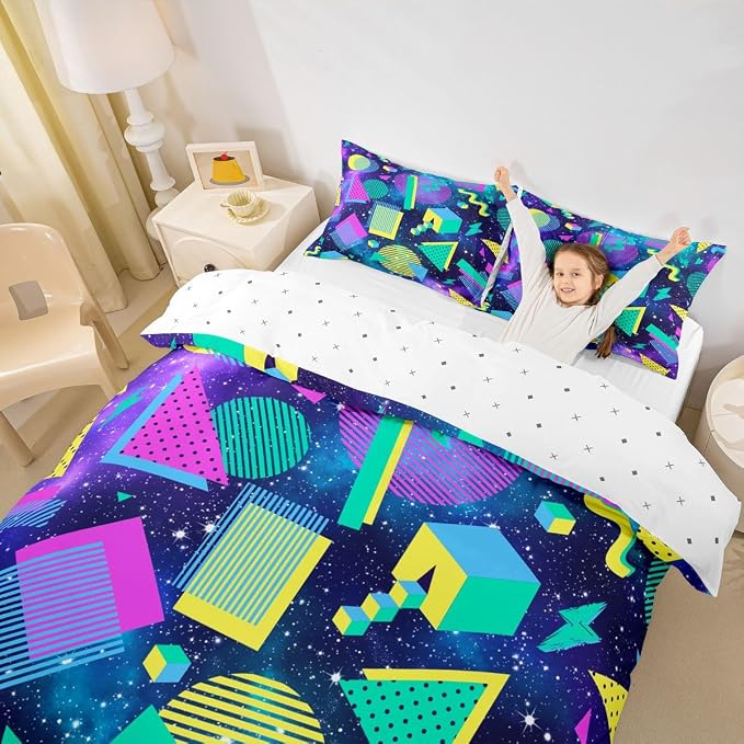 Memphis Style Duvet Cover Full Abstract Colorful Design With Dots Funky Bedding Set For Kids Child Girls Vintage Eighties Comforter Cover Memphis Fashion Bed Sets 80'S Style Retro 1980s Home Decor