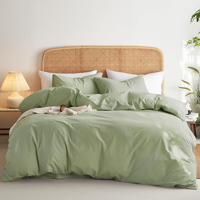 Wake In Cloud - Cotton Duvet Cover Set, 100% Washed Cotton, Linen Like Textured, Breathable Durable Comfy Farmhouse Neutral Bedding Set, 3 Pieces, Sage Green, Queen Size