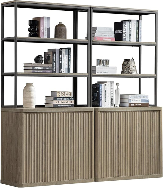 SICOTAS Book Shelf Fluted Bookshelf 71" Tall Bookcase with Doors Storage 5 Tier Mid Century Modern Bookshelves Large Shelves Metal Book Cases for Living Room Office Bedroom Kitchen Library (2PCS)