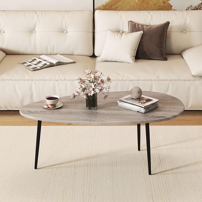 Giantex Oval Coffee Table, Mid Century Modern Center Table with Sturdy Metal Frame and Compact Design, Vintage Accent Cocktail Tea Table, Wood Living Room Tables for Small Spaces (Grey Oak)