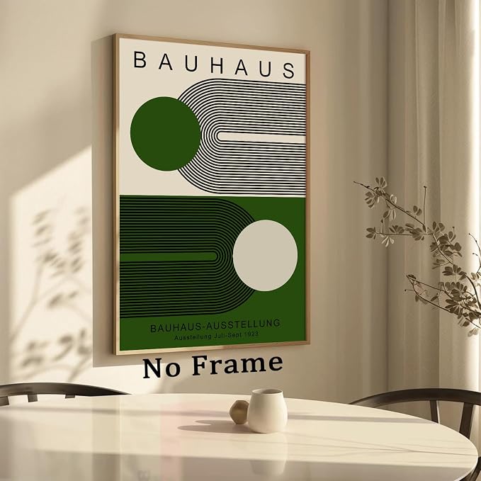 Minimalist Green Bauhaus Wall Art Abstract Geometric Prints Modern Boho Picture Contemporary Artwork Bauhaus Exhibition 1923 Poster Mid Century Modern Painting Green and Beige Canvas 16x24in Unframed
