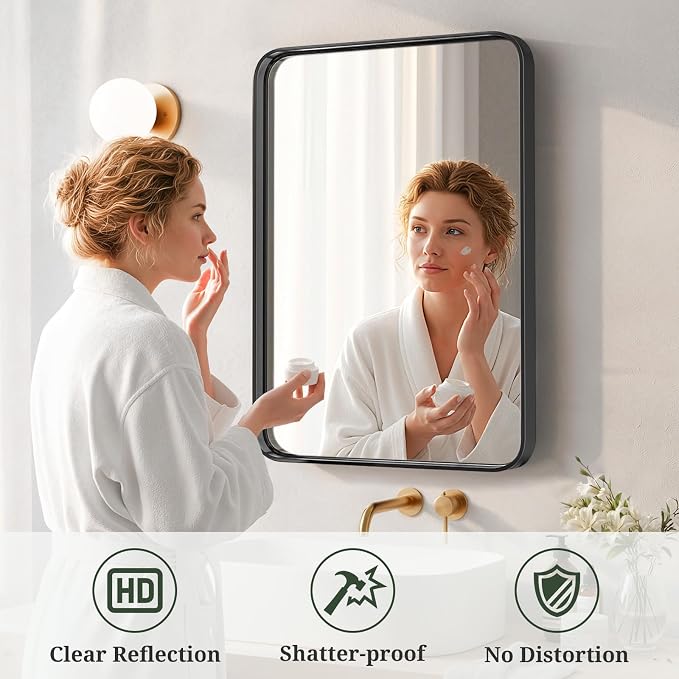 Bathroom Mirror 30x22 Inch Black Metal Frame Rectangle Vanity Mirror with Rounded Corners, Modern Wall Mounted Anti-Rust Mirror for Farmhouse, Restroom, Entryway, Horizontal or Vertical Hanging