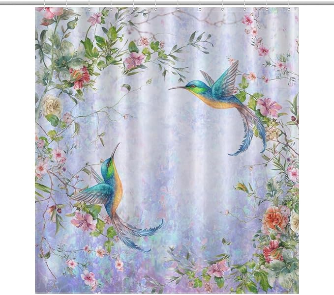 Hummingbird Flower Shower Curtain for Girls,Purple Watercolor Floral Bird Nature Plant Waterproof Shower Curtains for Bathroom Decor 12 Pack Hooks 66x72in（168x183cm）