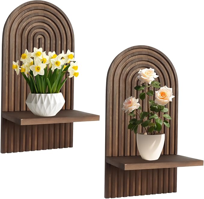 2 PCS Boho Wooden Rainbow Wall Shelves, Arch Boho Wall Shelf Mid Century Wood Floating Shelf Decor for Bathroom, Bedroom, Kitchen (Wood-03)