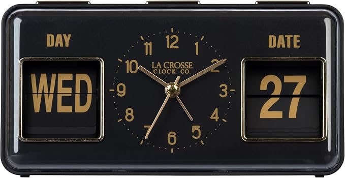 La Crosse Clock 636-379B Daily Flip Black Tabletop Alarm Clock with Calendar