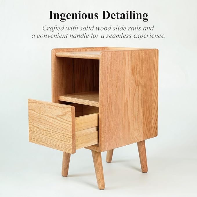 Night Stand, Solid Wood Nightsatnd with One Drawer & Open Shelf, Mid Century Modern Nightstand, Durable & Sturdy Small End Table, 11.81 W x 15.75 D x 22.05 H Inches, (Natural)