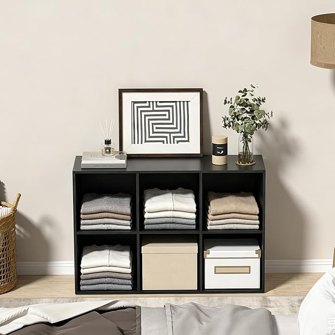 Wooden 6 Cube Storage Organizer with Closed Back Panel,White Cube Shelf Cubby Storage Organizer with Compartments for Living,Bookshelf, Easy to Install (Black, 6 Cube-13in)