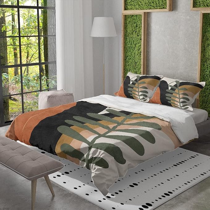 Bohemian Duvet Cover Set King Size Boho Abstract Mid Century Burn Orange Comforter Cover Minimalist Geometric Lightweight Soft Bedding Set 3 Pieces Breathable Bedding Set with 2 Pillowcase