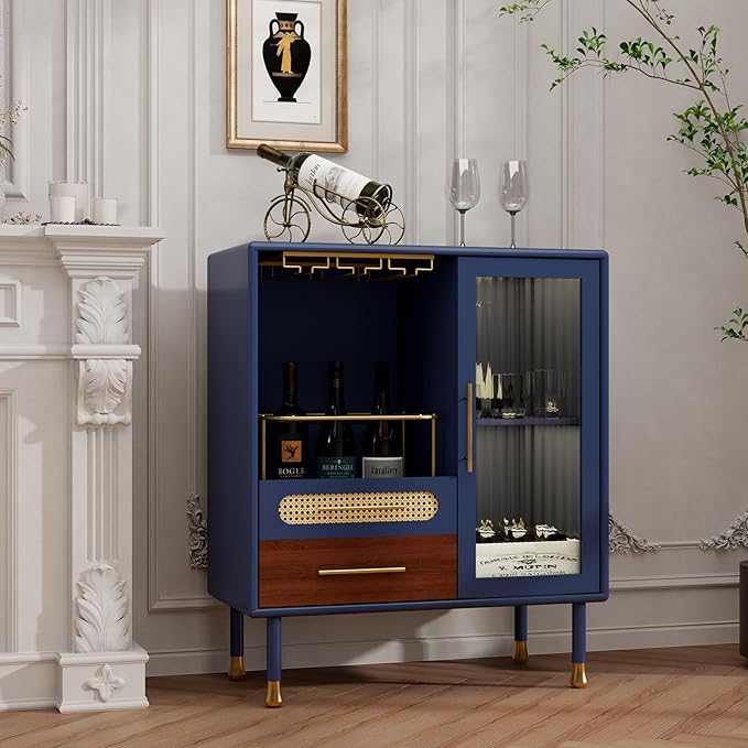 ARTPOWER Modern Coffee Bar Cabinet with Wine Glass Rack and Drawers, Blue Liquor Cabinet with Pull-Out Wine Storage for Kitchen, Dining Room, Living Room