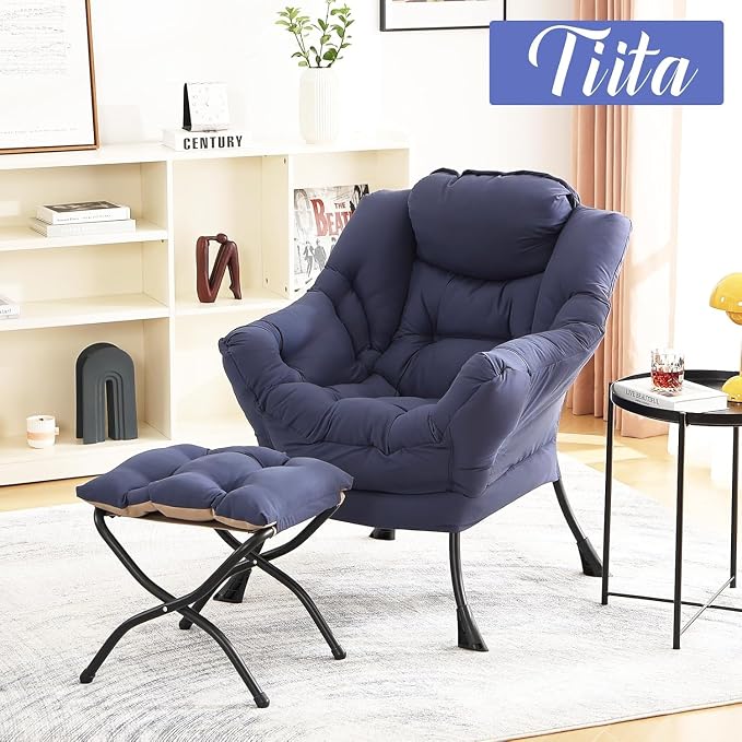 Tiita Modern Large Accent Chair with Ottoman, Navy, Comfy Leisure Sofa Armchair with Ottoman, Reading Chair with Footrest for Bedroom, Living Room, Dorm Rooms