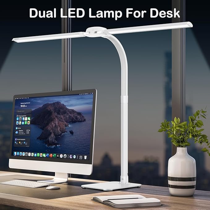 Desk Lamp with USB Charging Port for Home Office 24w Architect Remote Base Dual Task Led Light Modern 5 Color Modes Dimmable Adjustable Gooseneck Double Head Reading Drafting Eye Caring Tall Lamps